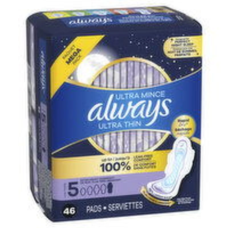 Always - Ultra Thin Extra Overnight Pads, Size 5, 46 Each