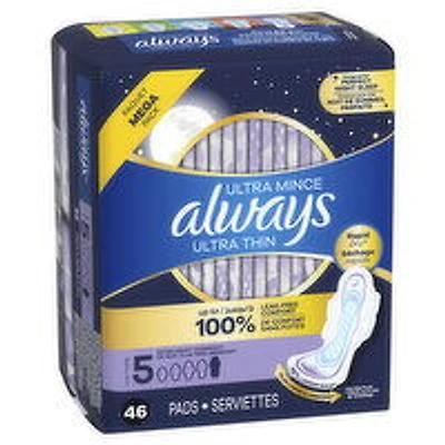 Always - Ultra Thin Extra Overnight Pads, Size 5, 46 Each