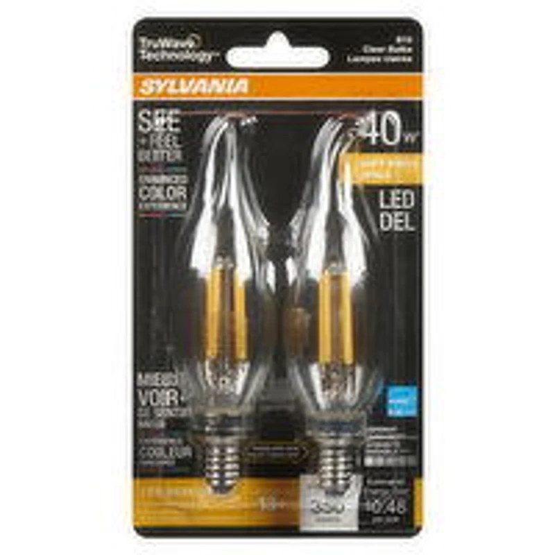 Sylvania - LED 40W B10 Soft White Dimmable Bulbs, Candelabra Base Clear, 2 Each