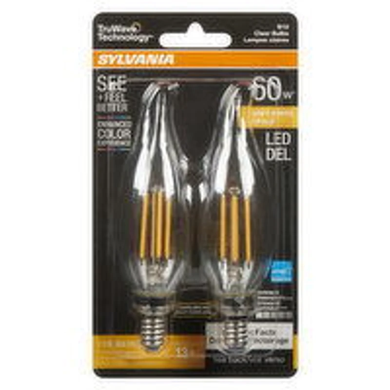 Sylvania - LED 60W B10 Soft White Dimmable Bulbs, Candelabra Base Clear, 2 Each