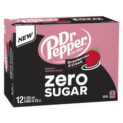 Dr. Pepper - Strawberry & Cream Zero Sugar Soda, 355mL Cans, 12 Each