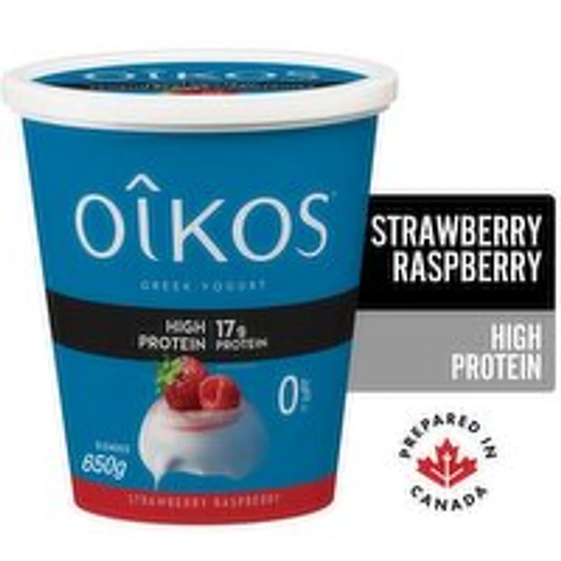 Oikos - Greek Yogurt High Protein 0% M.F. Strawberry Raspberry, 650 Gram
