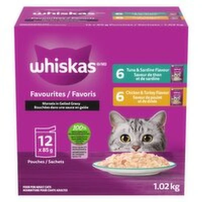 Whiskas - Favourites Food for Adult Cats Morsels in Gelled Gravy 12 Pouches, 1.02 Kilogram