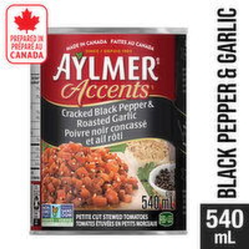 Aylmer - Accents Canned Petite Cut Stewed Tomatoes with Cracked Black Pepper & Roasted Garlic, 540 Millilitre