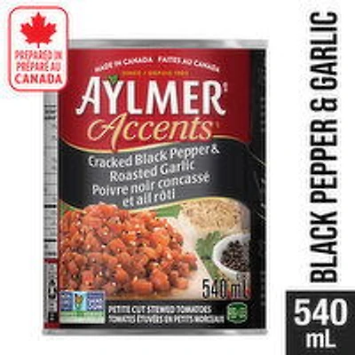 Aylmer - Accents Canned Petite Cut Stewed Tomatoes with Cracked Black Pepper & Roasted Garlic, 540 Millilitre