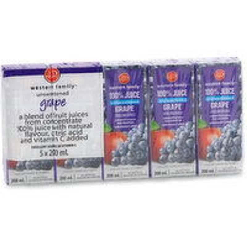 Western Family - Unsweetened 100% Grape Juice, 5x200mL, 1 Each