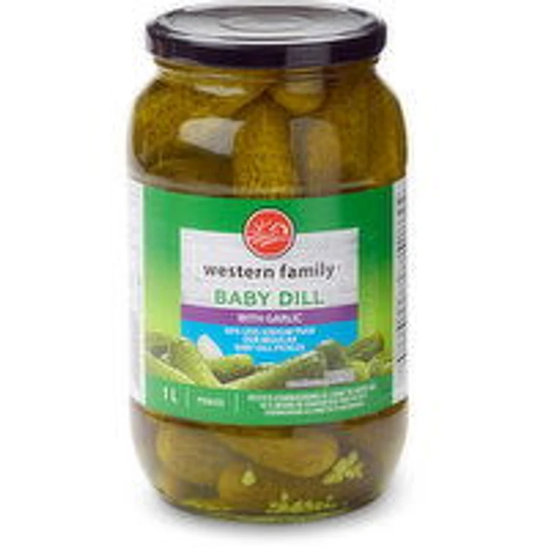 Western Family - Baby Dill Pickles with Garlic - 50% Less Sodium, 1 Litre