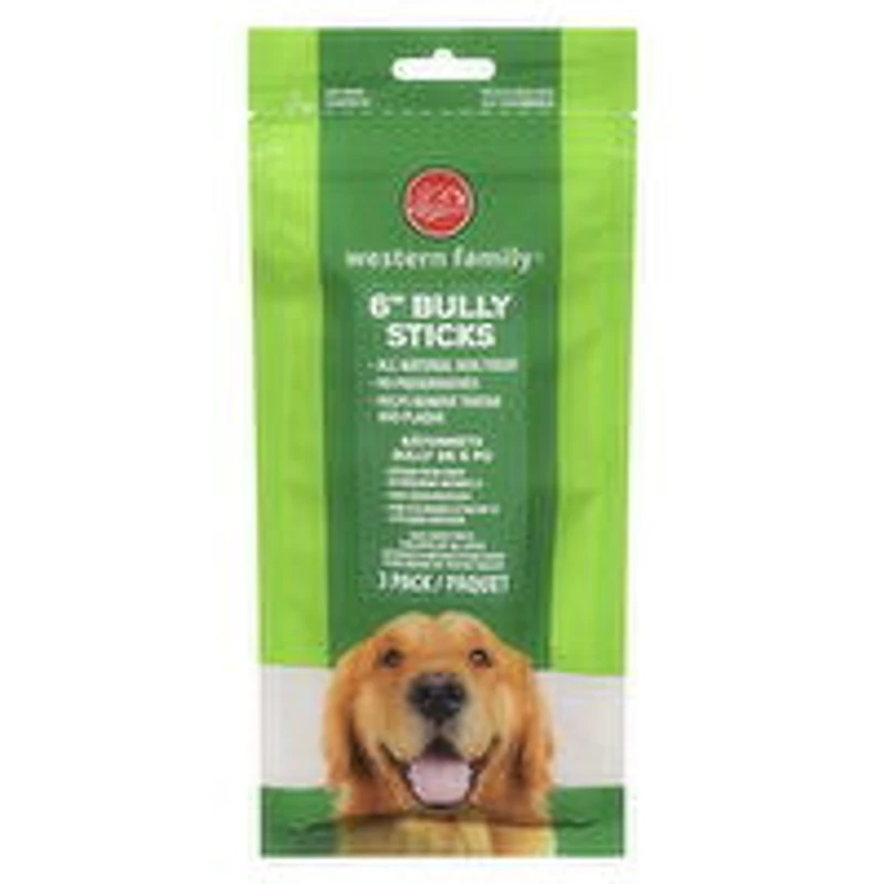 Western Family - Dog Treats - Natural 6" Bully Chew Sticks, 3 Each