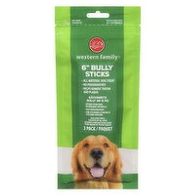 Western Family - Dog Treats - Natural 6" Bully Chew Sticks, 3 Each