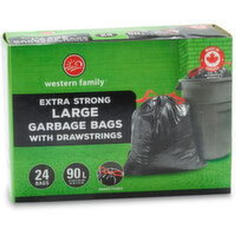 Western Family - Extra Strong Large Garbage Bags with Drawstrings, 24 Each