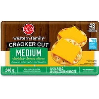 Western Family - Cracker Cut Medium Cheddar Cheese Slices, 48 Pack, 240 Gram