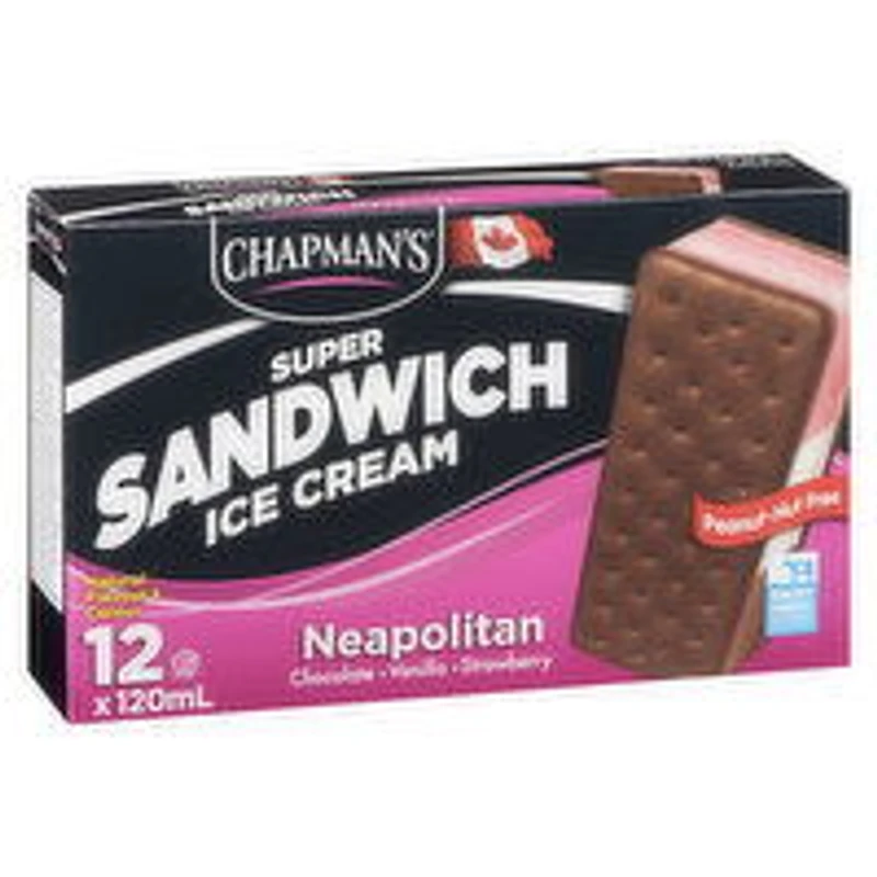 Chapman's - Super Sandwich Ice Cream Neopolitan, 12 Each