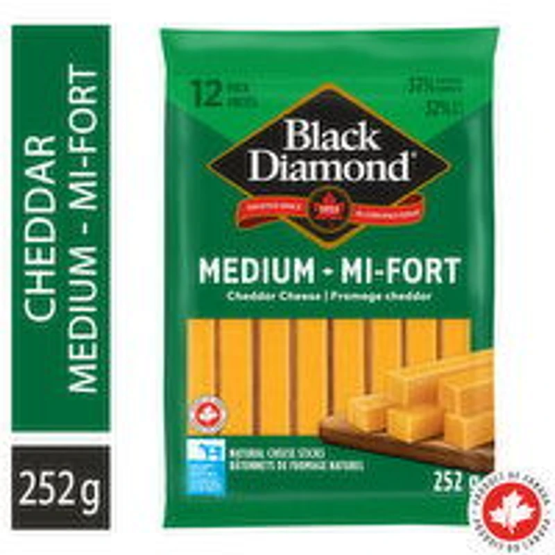 Black Diamond - Medium Cheddar Cheese Sticks, 12 Pack, 252 Gram