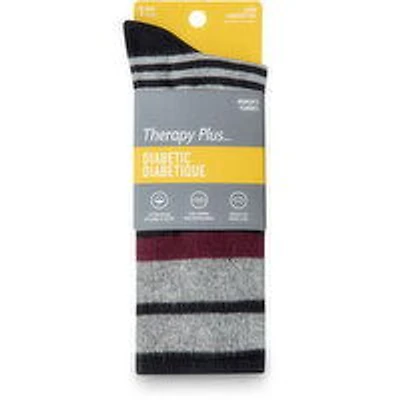 Therapy Plus - Women's Diabetic Dress Crew Socks, Grey, Black & Burgundy Stripes, 1 Pair Size 6-10, 1 Each