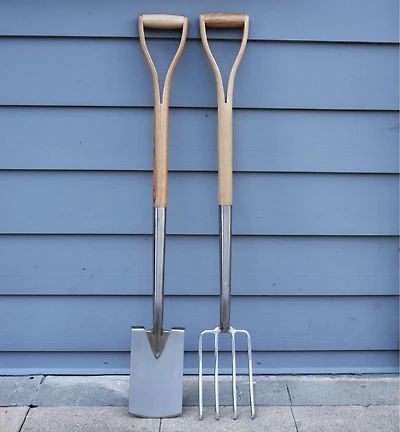 Bêche et fourche à bordures en acier inoxydable à manche en bois