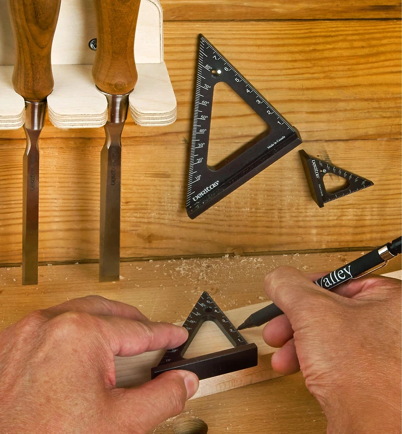 Jeu de 3 petites équerres de traçage à chapeau Veritas, mesures métriques