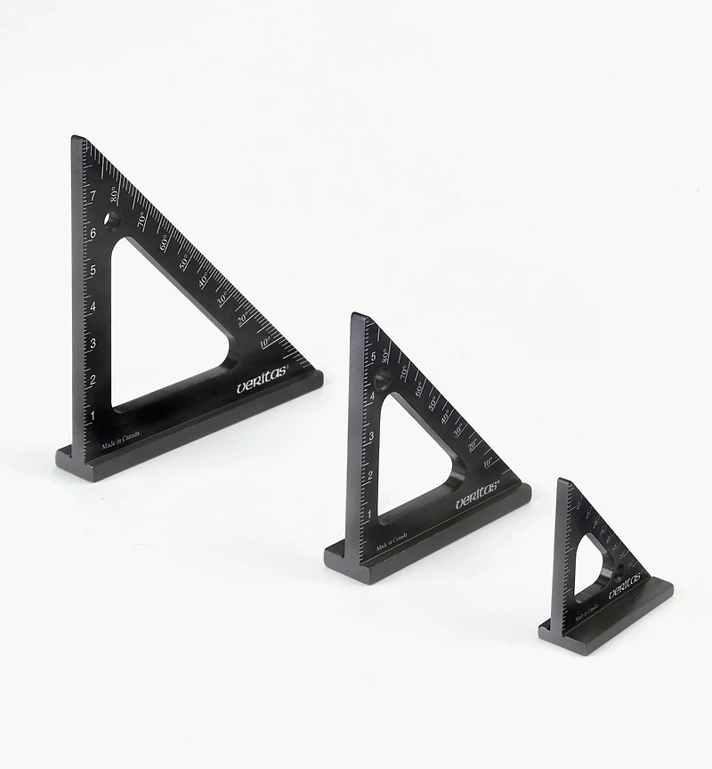 Jeu de 3 petites équerres de traçage à chapeau Veritas, mesures métriques