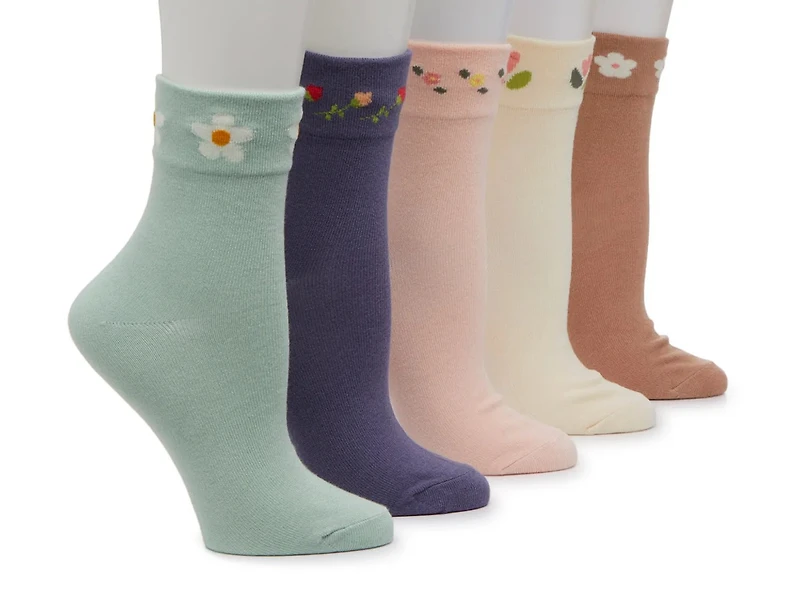 Floral Wide Welt Women's Ankle Socks - 5 Pack