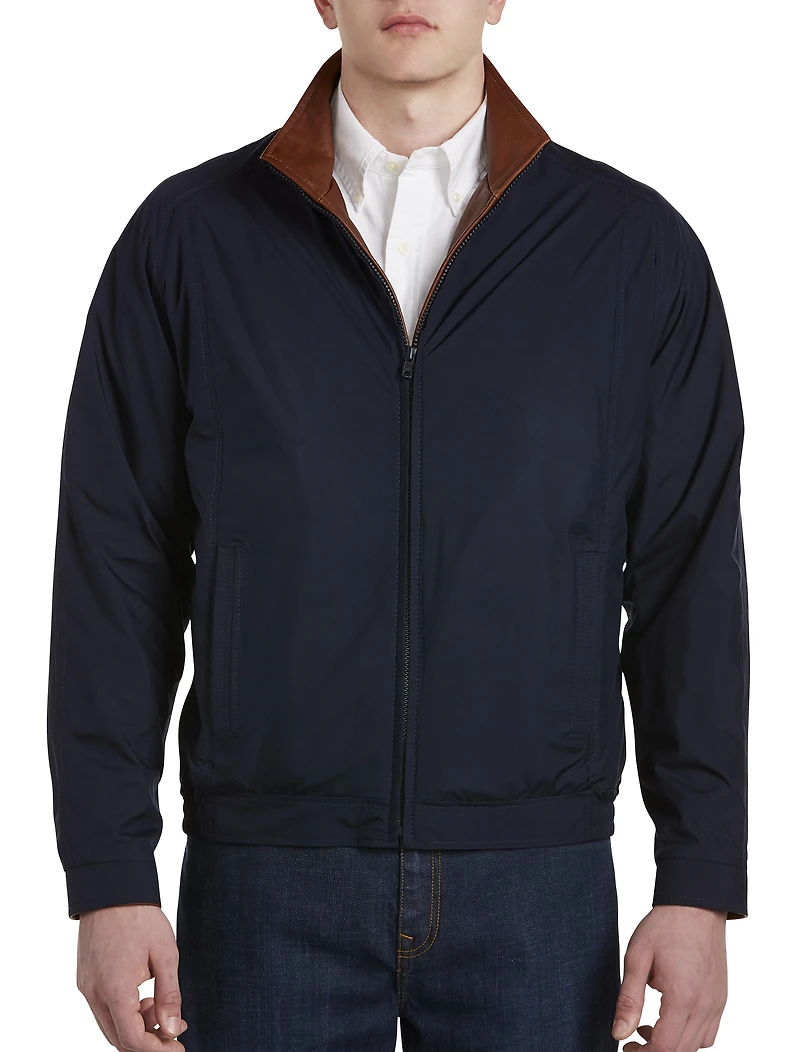 Leather-Trim Microfiber Bomber Jacket