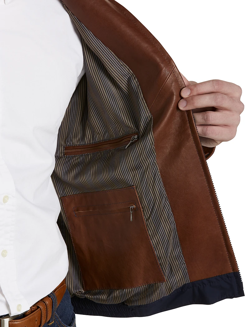 Leather-Trim Microfiber Bomber Jacket