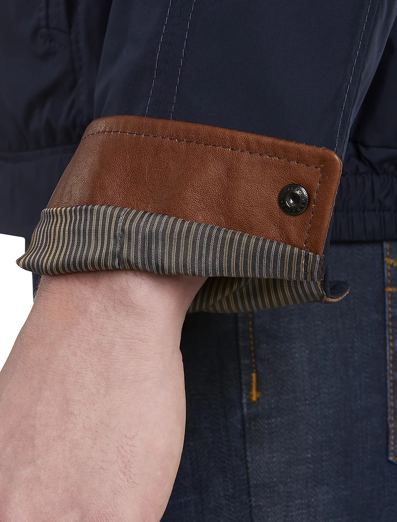 Leather-Trim Microfiber Bomber Jacket