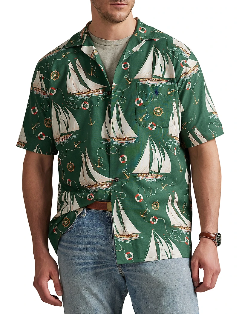 Sailboat-Print Oxford Camp Shirt
