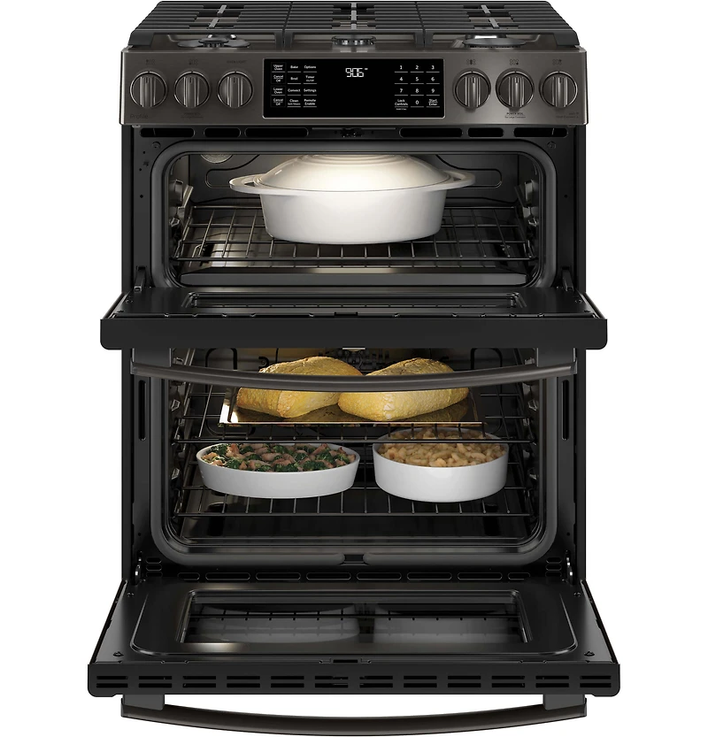 6.7 Cu. Ft. Black Stainless Slide-In Front Control Gas Double Oven Convection Range