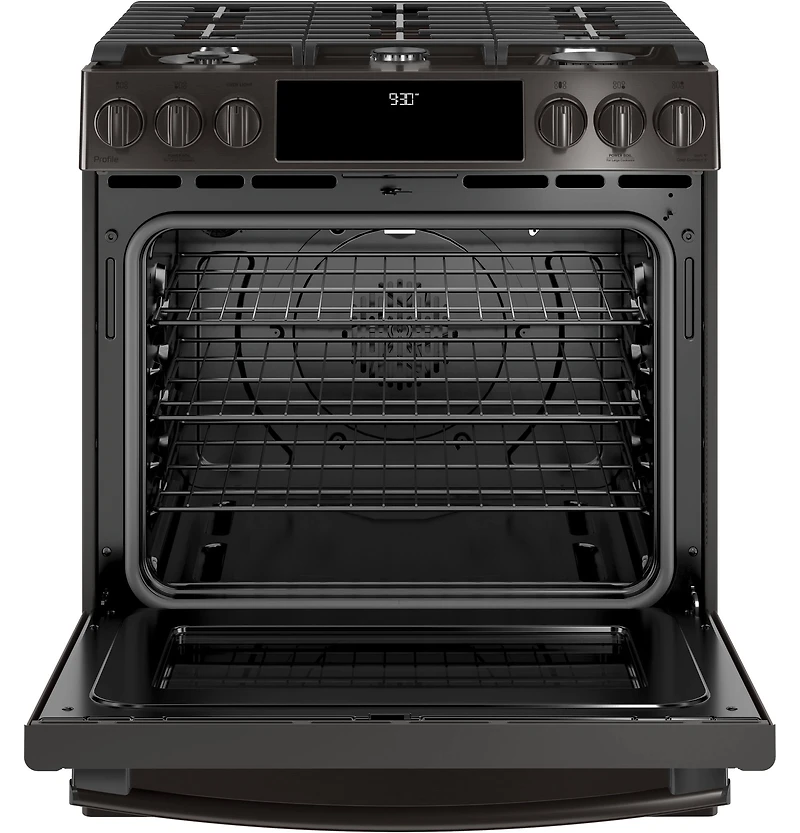 5.6 Cu. Ft. Black Stainless Slide-In Front Control Gas Range