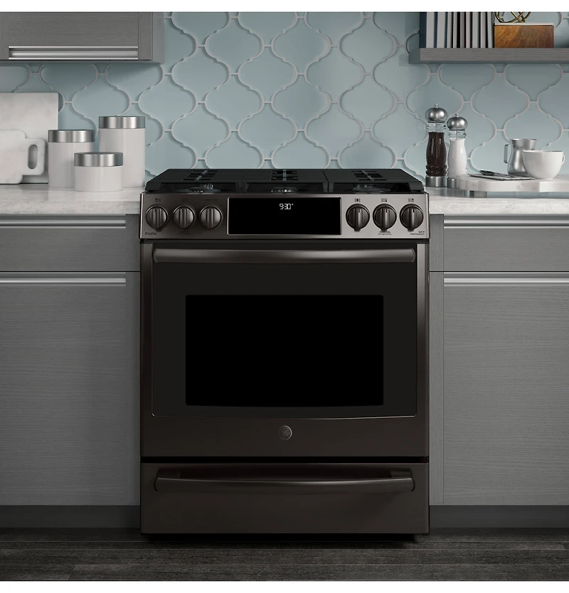 5.6 Cu. Ft. Black Stainless Slide-In Front Control Gas Range