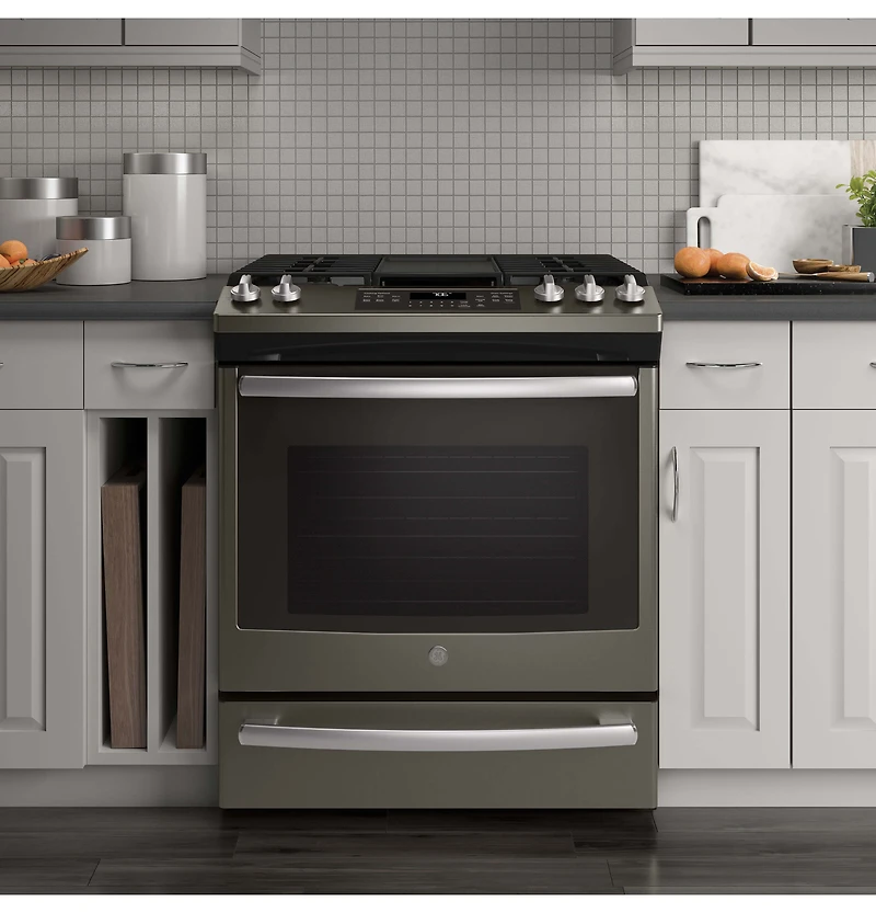 5.6 Cu. Ft. Slate Slide-In Front Control Convection Gas Range
