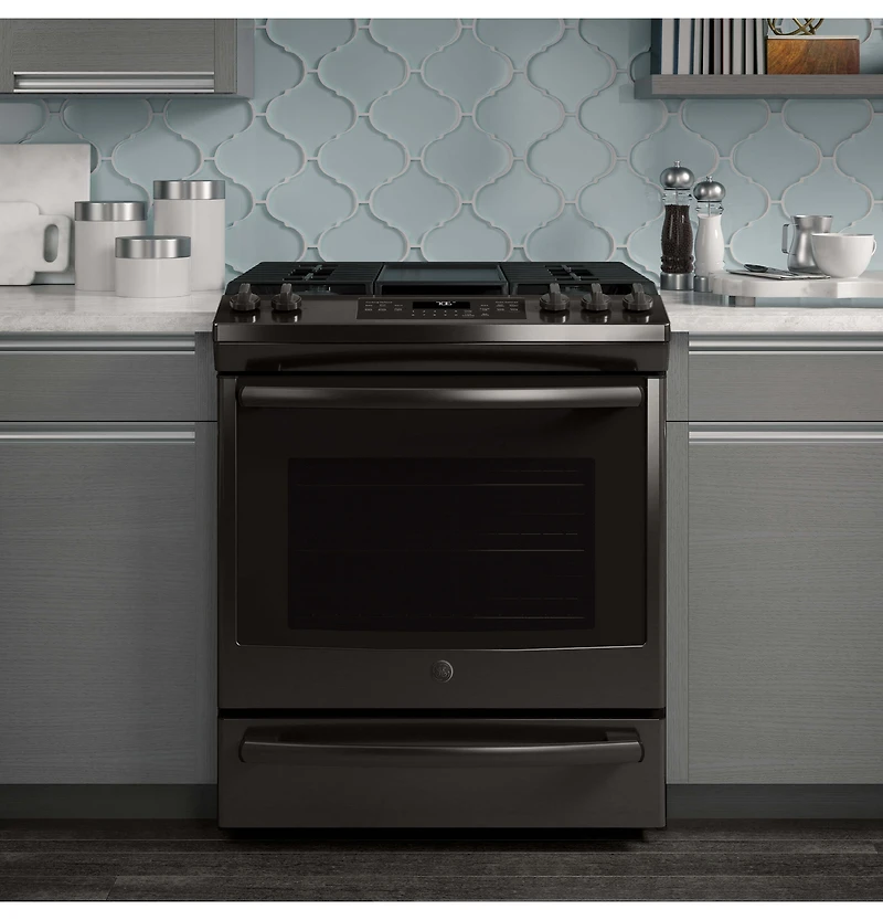 5.6 Cu. Ft. Black Stainless Slide-In Front Control Convection Gas Range