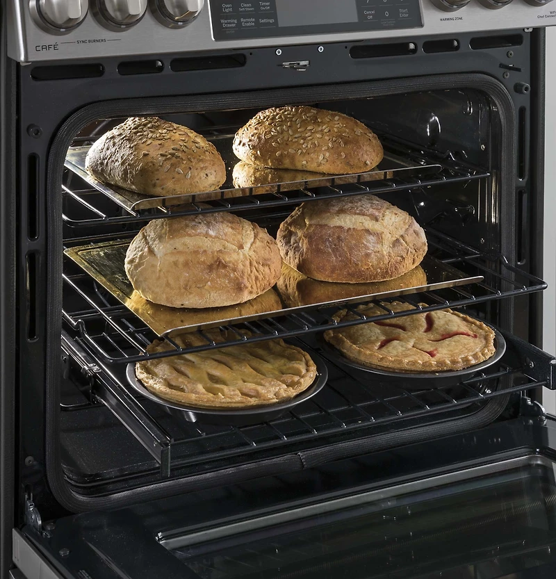 Stainless Steel Café Series 30 inch Slide-In Front Control Dual-Fuel Range with Warming Drawer