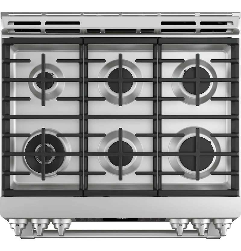 Stainless Steel Café Series 30 inch Slide-In Front Control Dual-Fuel Range with Warming Drawer