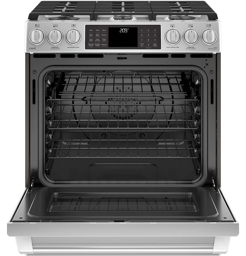 Stainless Steel Café Series 30 inch Slide-In Front Control Dual-Fuel Range with Warming Drawer
