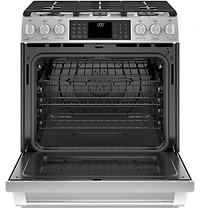 Stainless Steel Café Series 30 inch Slide-In Front Control Dual-Fuel Range with Warming Drawer