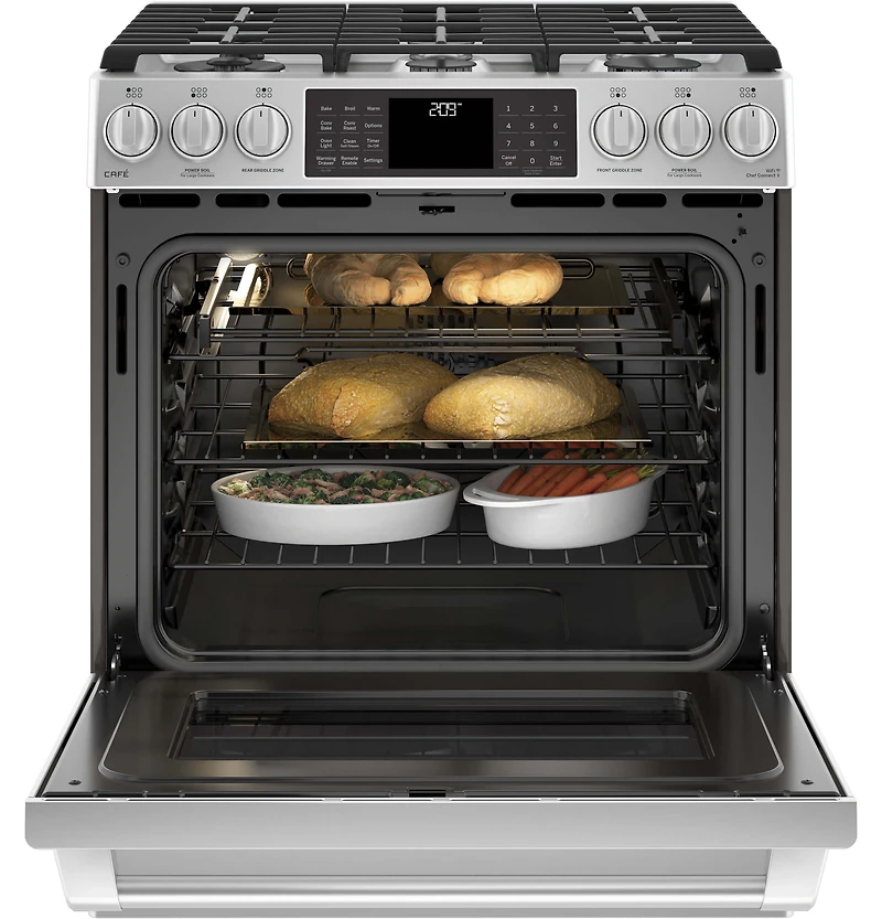 Stainless Steel Café Series 30 inch Slide-In Front Control Dual-Fuel Range with Warming Drawer