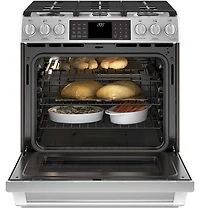 Stainless Steel Café Series 30 inch Slide-In Front Control Dual-Fuel Range with Warming Drawer