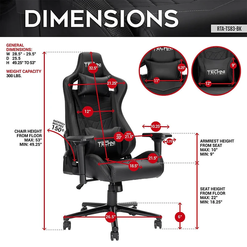 Techni Sport Ergonomic High Back Gaming Chair - Black