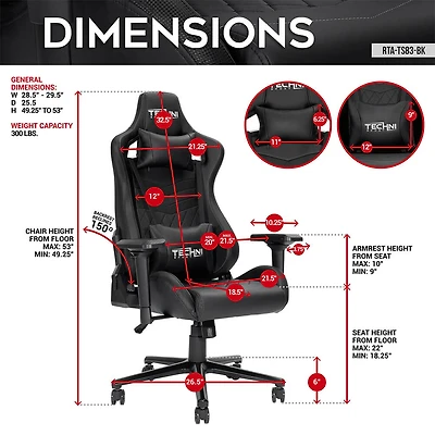 Techni Sport Ergonomic High Back Gaming Chair - Black