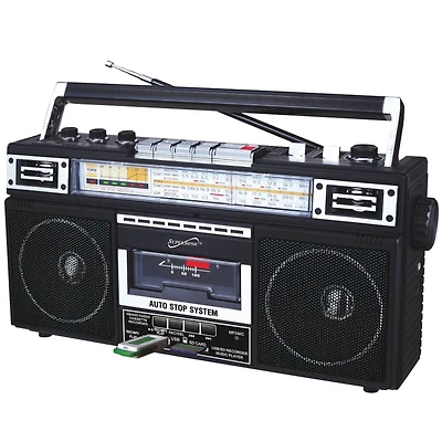 Retro 4-Band Radio and Cassette Player with Bluetooth - Black