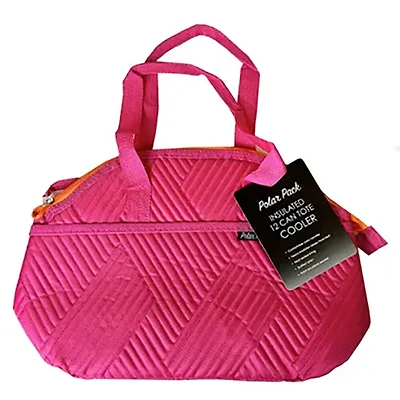 Polar Pack 12 Can Quilted Tote Bag Insulated Cooler in Pink/Orange