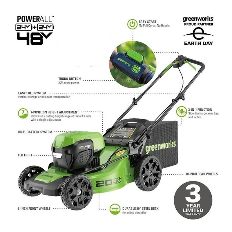 48V 20 inch Cordless Walk-Behind Lawn Mower with 2x 4Ah Battery