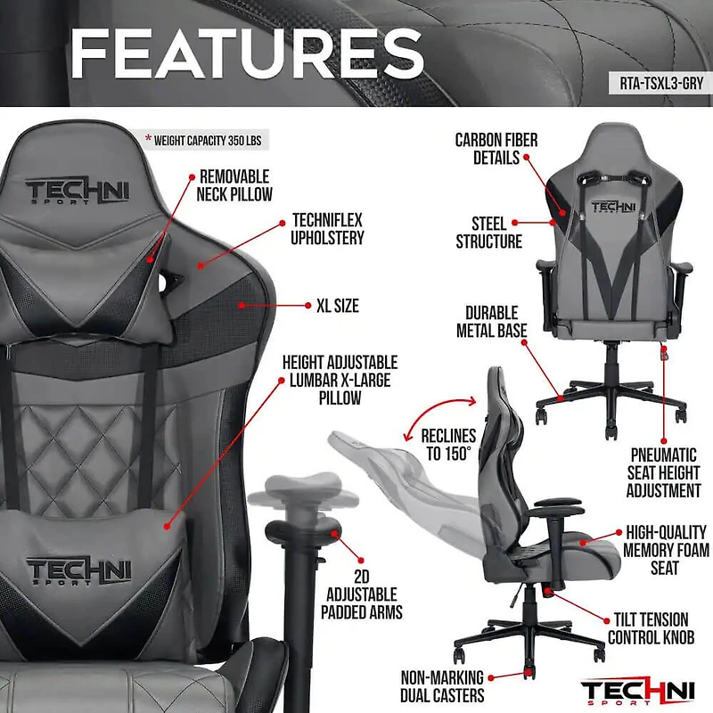 Techni Sport XL Gray Ergonomic Gaming Chair
