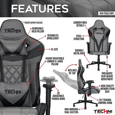 Techni Sport XL Gray Ergonomic Gaming Chair
