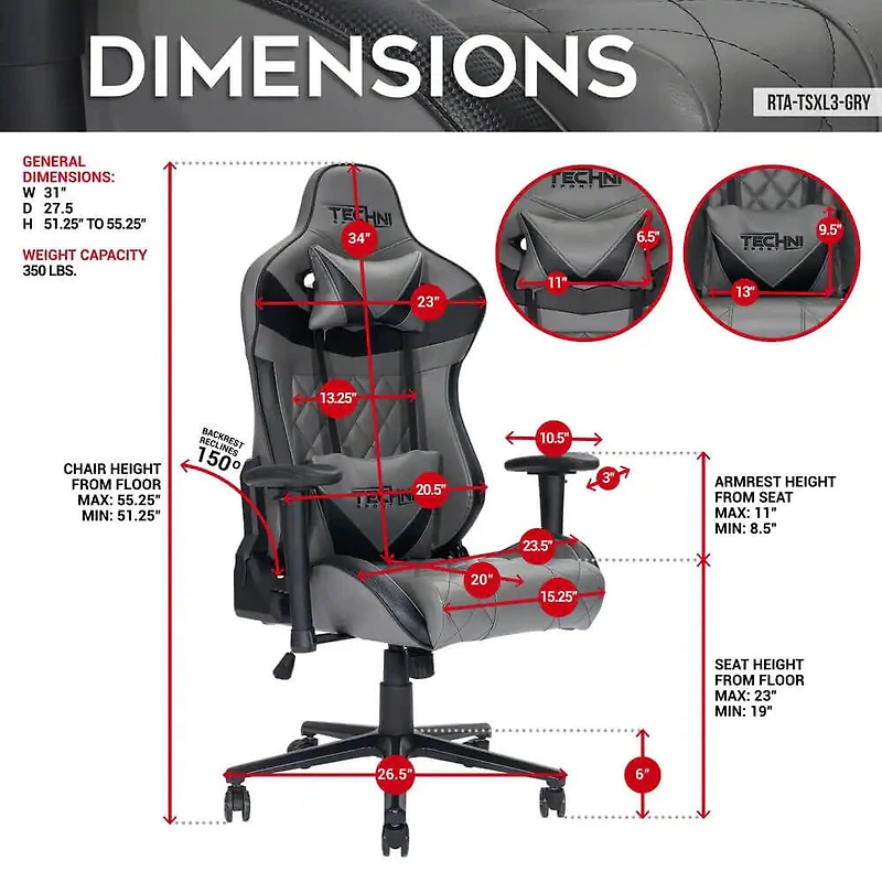 Techni Sport XL Gray Ergonomic Gaming Chair