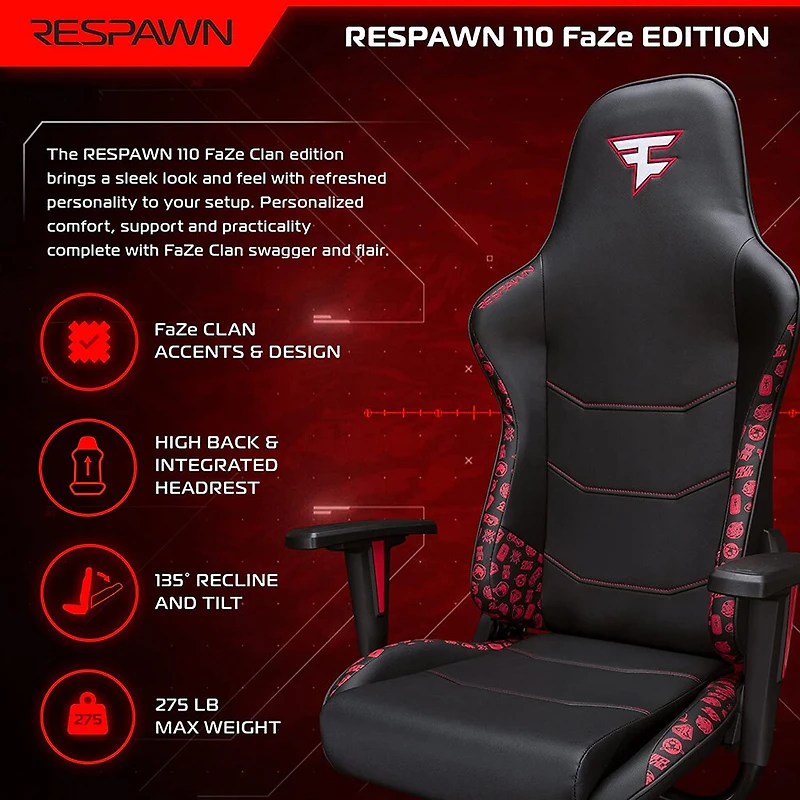 110V3P Reclining Ergonomic Racing Style Gaming Chair - FaZe Edition - OPEN BOX