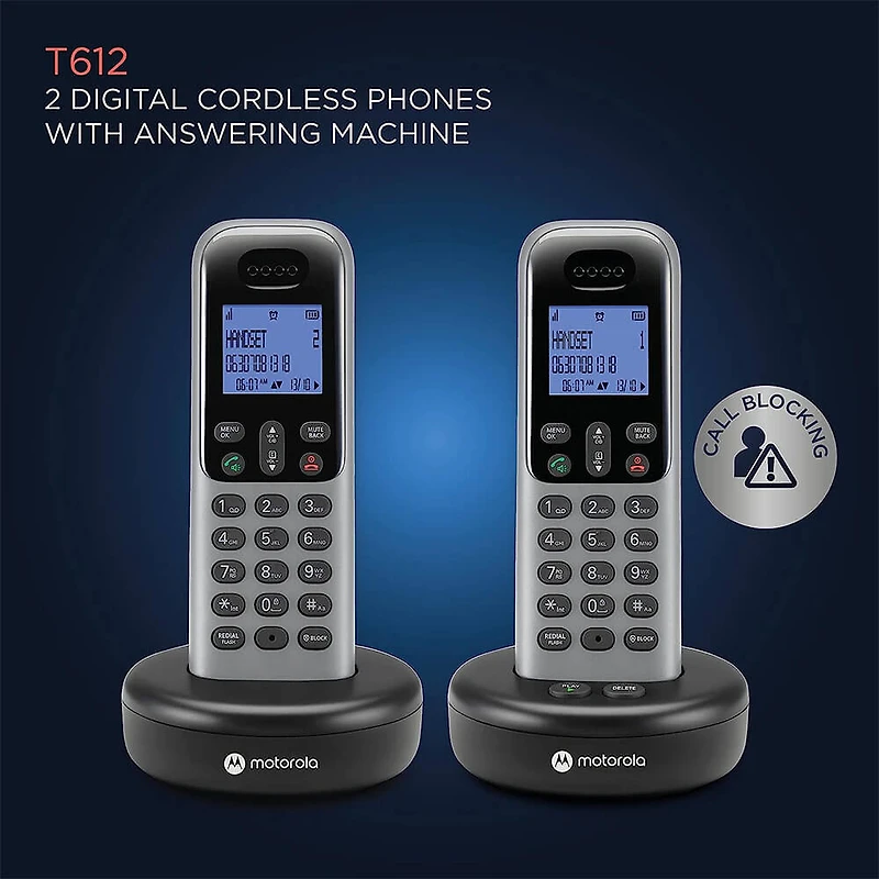 T6 Series Cordless Phone System with 2 Digital Handsets & Caller ID - Grey