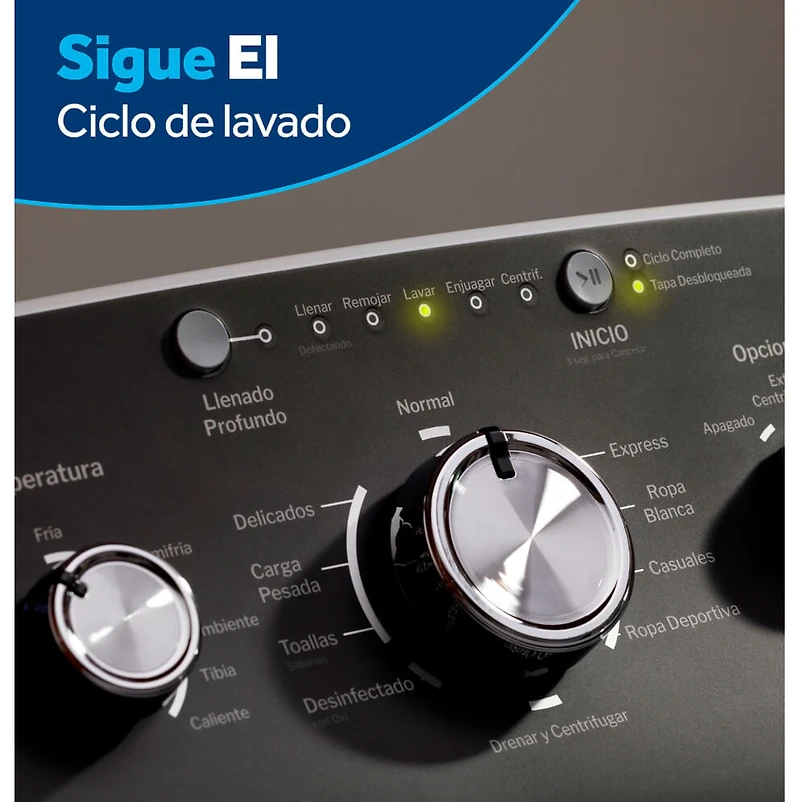 Lavadora de carga superior blanca de alta eficiencia de 4.5 pies cúbicos con panel de control español