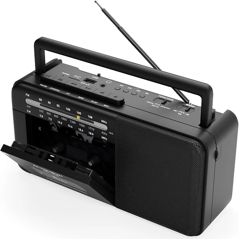 Retro Rechargeable Bluetooth Radio and Cassette Player - Black
