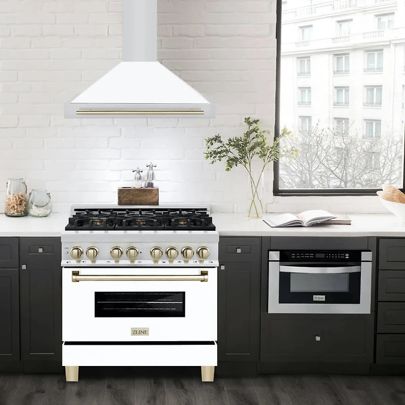 36 inch Autograph Edition Wall Mounted Stainless with White Matte and Gold Accents Range Hood